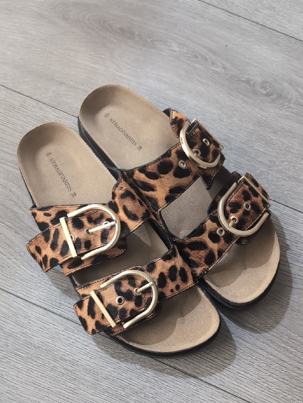Stradivarius Leopard Print Double Buckle Slide Sandals